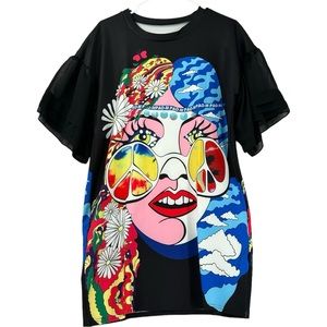 PAO-M Women’s Peace & Love Lady Graphic Print Mimi Shirt Dress Black Size L